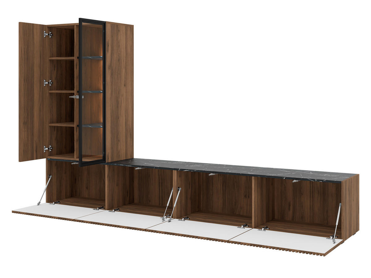 WOHNWAND Tiwori - Nussbaumfarben/Schwarz, Holzwerkstoff/Kunststoff (260/157/41cm) - MIRJAN24