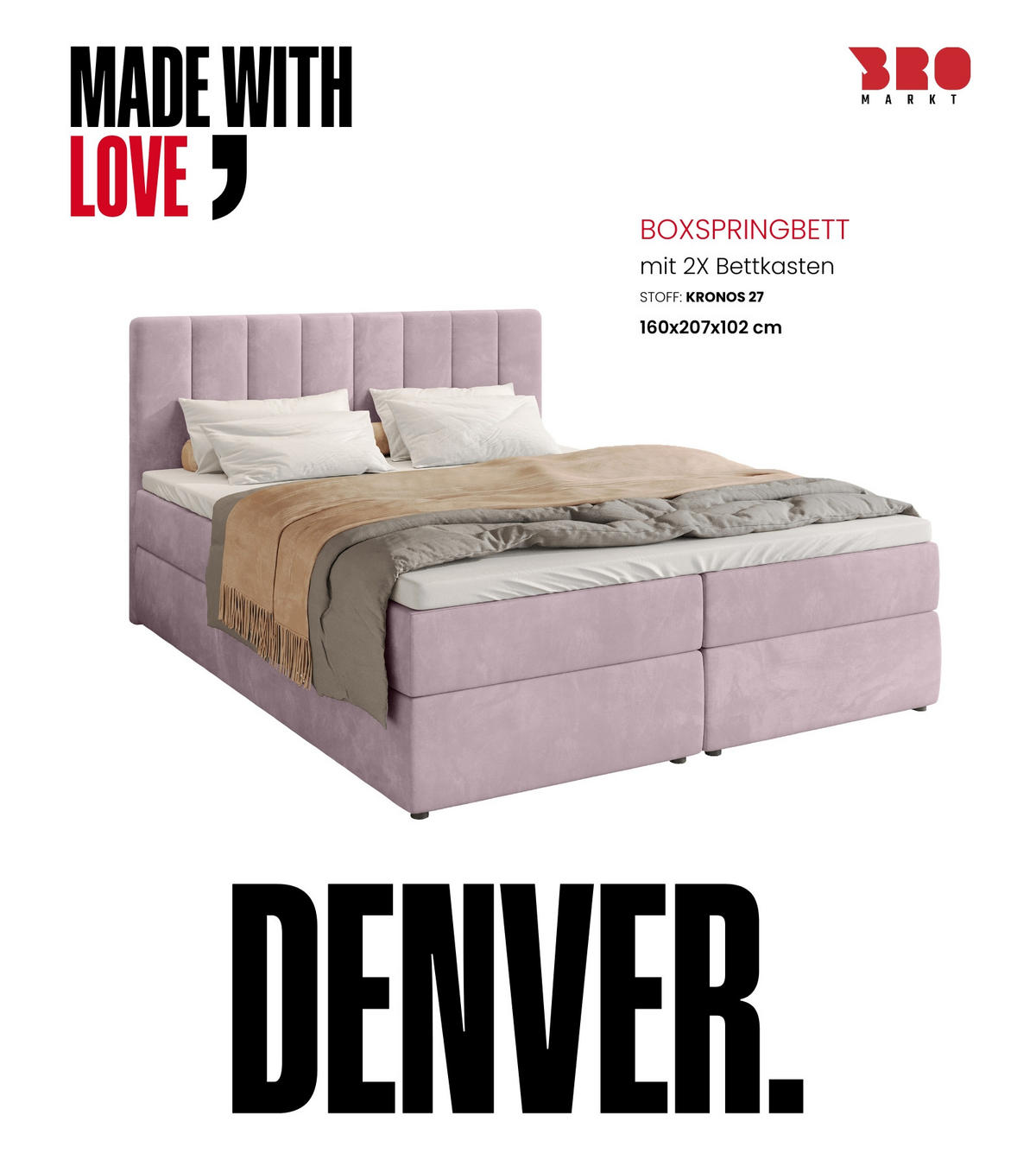 BOXBETT Denver mit Topper 160/200 Rosa - Rosa, Holzwerkstoff/Textil (160/200cm) - Bromarkt