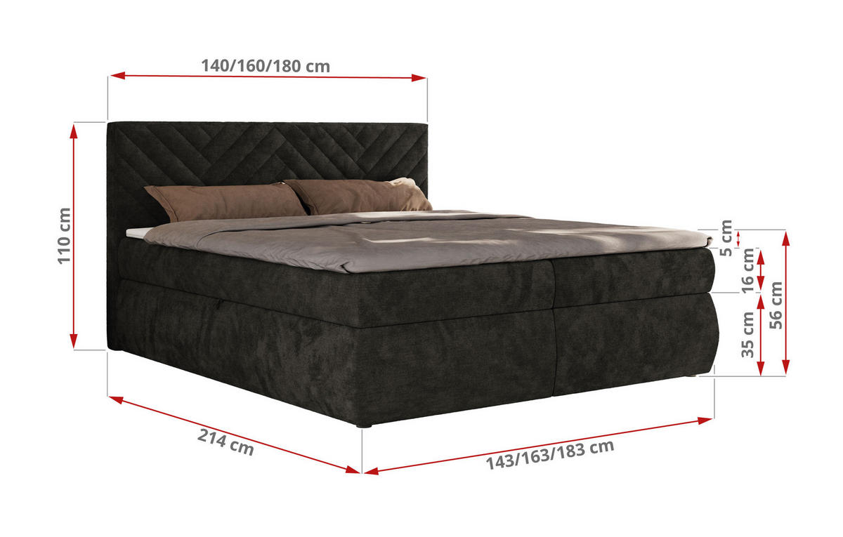 BOXBETT AVERTA 140/200 - Dunkelgrau Schenille glatt - H3 - Dunkelgrau, Textil (140/200cm) - MKS