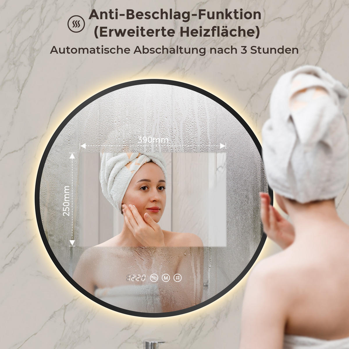 BADSPIEGEL mit Beleuchtung 70 cm rund schwarz mit Aluminiumrahmen, LED dimmbar und Antibeschlag - Schwarz, Glas (70/70/3.3cm) - S'AFIELINA