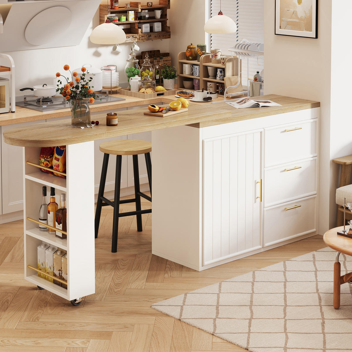 BARTISCH 128-203/39/90 cm in Weiß mit 360°-Drehfunktion und Stauraum - Weiß, Holzwerkstoff (39/203/90cm) - BEAOK