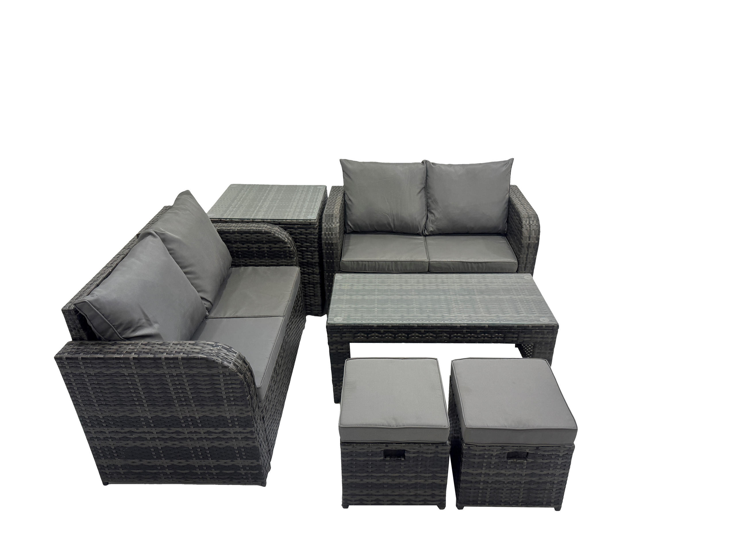 GARTENSOFA SET mit 2 HOCKER COUCHTISCH Polyrattan 6-Sitzer - Dunkelgrau/Grau, Glas/Kunststoff - Fimous