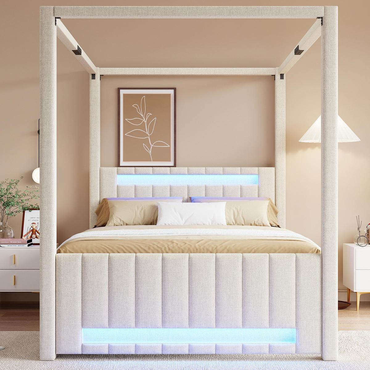 NEBESKÁ posteľ 140/200 cm béžová s výsuvným lôžkom, LED osvetlením a zásuvkami z MDF a ľanovej tkaniny - béžová, textil (140/200cm) - OKWISH