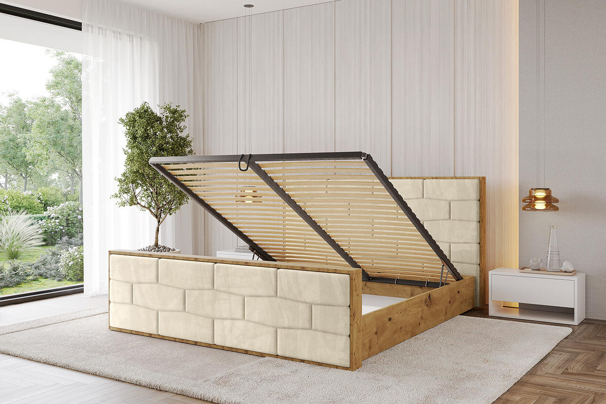 POLSTERBETT mit Bettkasten, Fußteil und Lattenrost, Boxbett mit Matratze H3/H4 - ENZO8-Z 160x200 Beige - Ecru, Holzwerkstoff/Textil (160/200cm) - ALTDECOR