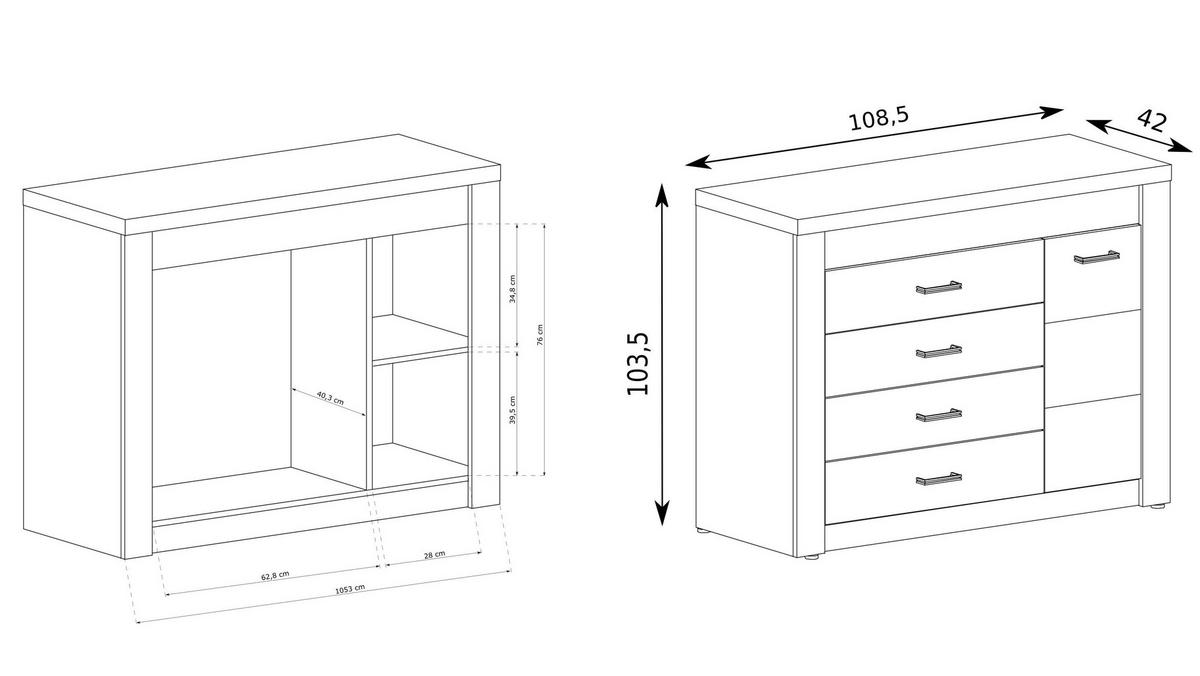KOMMODE ZERI 108,5/103,5/42cm mit 4 Schubladen 1 Türen Eiche Bianco - Eiche Bianco, Holzwerkstoff (108.5/103.5/42cm) - MASSENO