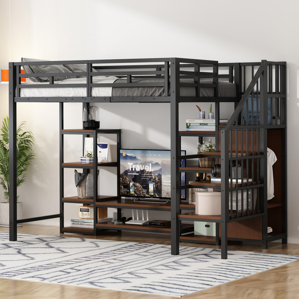 HOCHBETT 90/200 cm Schwarz aus Metall mit TV-Ständer und Steckdose - Schwarz, Metall (90/200cm) - OKMYHOME