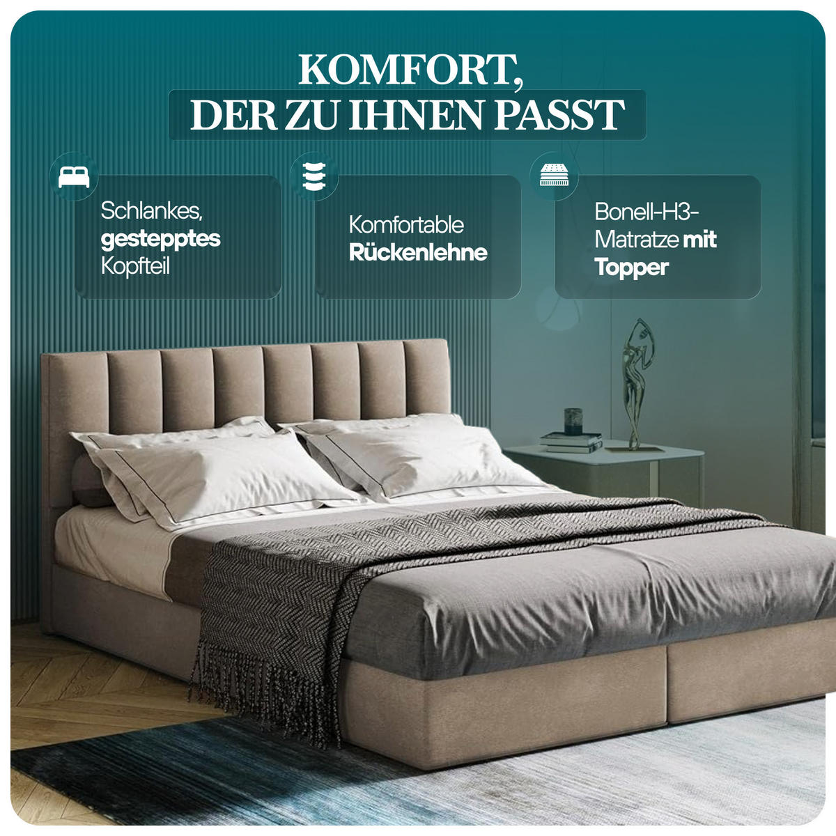 BOXBETT 200 x 200 cm mit Bonellmatratze H3, CITY, Elegant gestepptes Kopfteil und Topper 5cm, Bettkasten, Grau - Grau, Holzwerkstoff/Kunststoff (200/200cm) - Trada
