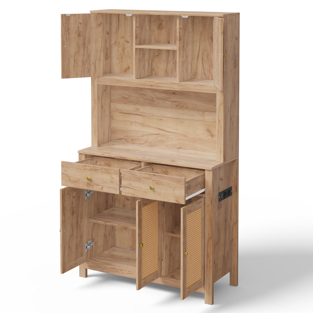 BUFFET DE-38637 100/40/180 cm LED-Beleuchtung und 5 Rattantüren Natur - Naturfarben, Holzwerkstoff (100/180/40cm) - ComfortXL