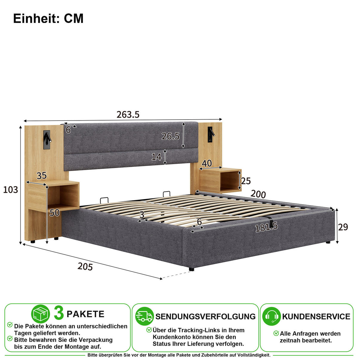 POLSTERBETT 180/200 cm in Natur & Grau Samt mit Bettkasten, LED und USB - Grau, Holzwerkstoff/Textil (180/200cm) - CHICFURN