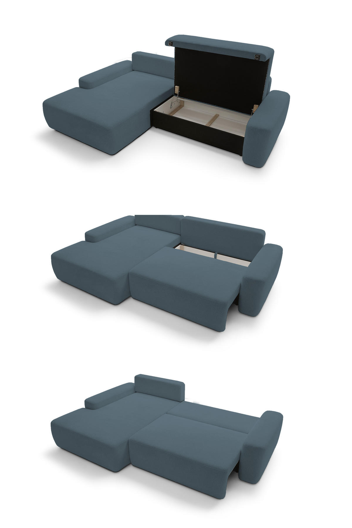 ECKSOFA BOULI 4-Sitzer Polstersofa Raven mit Schlaffunktion 130x210cm Bettzeugablage 264x162x82cm linksseitig Farbe: seegrün - Smaragdgrün, Holz/Textil (162/264cm) - DomoHome