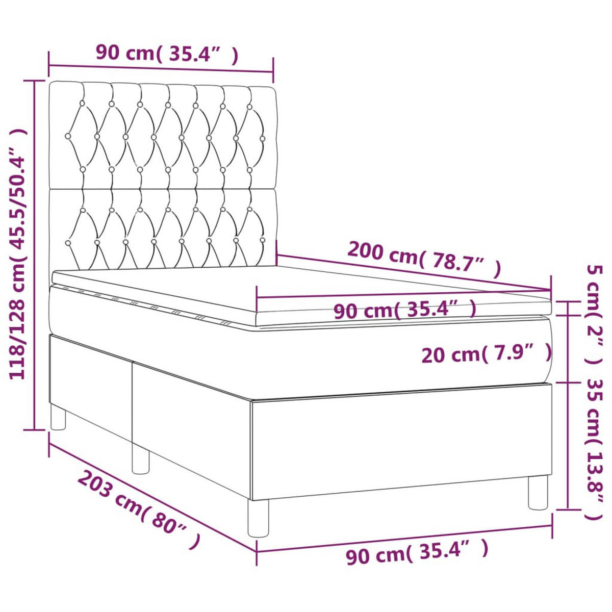 BOXSPRINGBETT Mit Matratze Dunkelgrau 90/200 Cm Samt - Weiß, Textil (90/200cm) - vidaXL