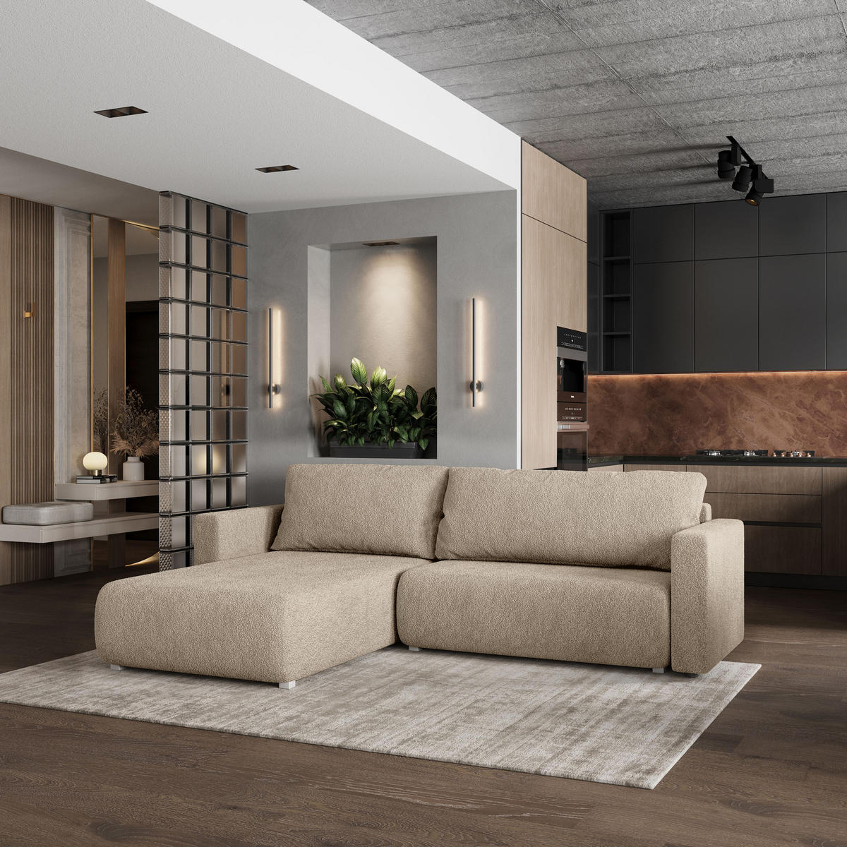 ROHOVÁ SEDAČKA TURIN béžová - šedá/béžová, dřevo/textil (265/183cm) - MASSENO