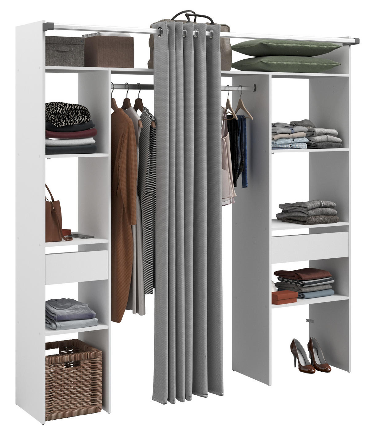 KLEIDERSCHRANK weiß, grau, Mehrzweckschrank 198 cm mit Vorhang - Weiß/Grau, Holzwerkstoff/Textil (198/203/40cm) - Parisot Meuble