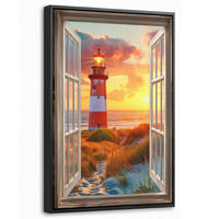 LEINWAND Bilder mit Rahmen - Aussicht - Fenster - Leuchtturm - Sonnenuntergang - Strand - 20x30 - Dunkelorange, Textil (20/30cm) - MuchoWow
