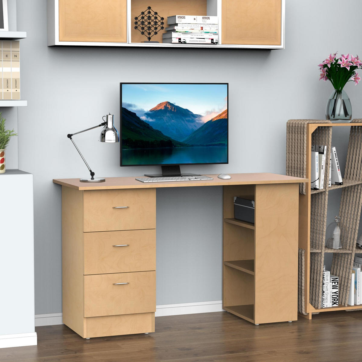 SCHREIBTISCH Hellholzoptik mit Schubladen und Regalfächern 120/49/72 cm - Naturfarben, Holz (49/120/72cm) - PANGIVO