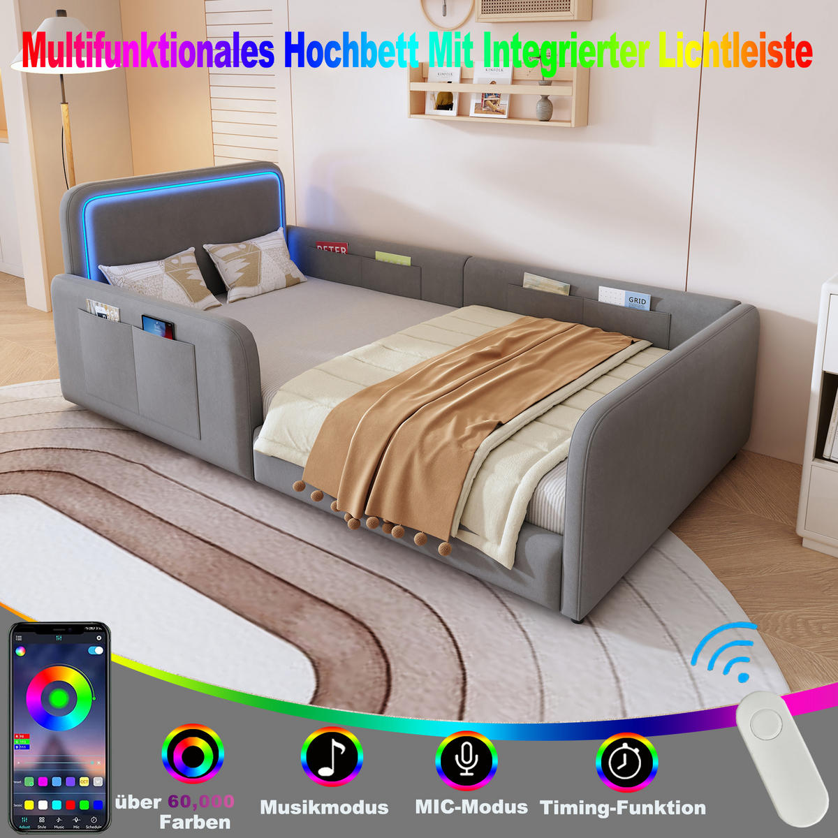POLSTERBETT 90x200cm LED App Steuerung Seitentasche Grau - Grau, Textil (90/200cm) - FLIEKS