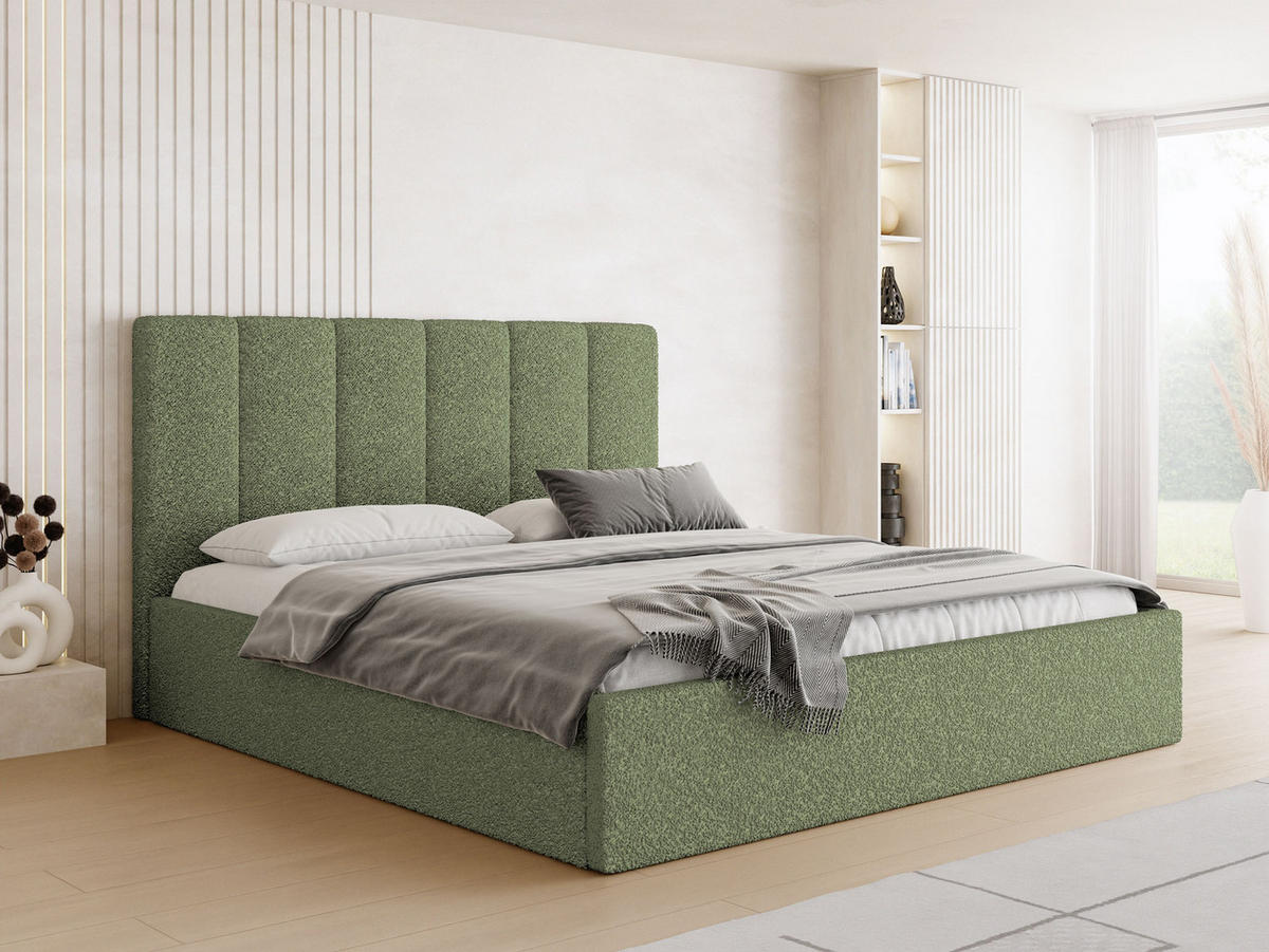POLSTERBETT Amira Slim mit Bettkasten, Grün Boucle 200x200 cm - Birkefarben/Schwarz, Holz/Holzwerkstoff (200/200cm) - WFL GROUP
