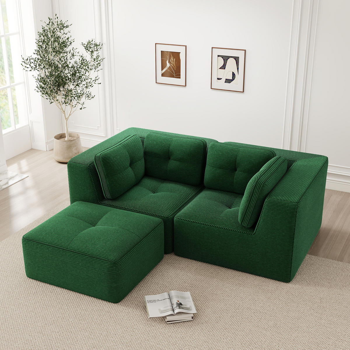 2-SITZER Sofa 208x177x69 cm aus Cordstoff rahmenlos modular, grün - Grün, Textil (177/69/208cm) - Luhomfu