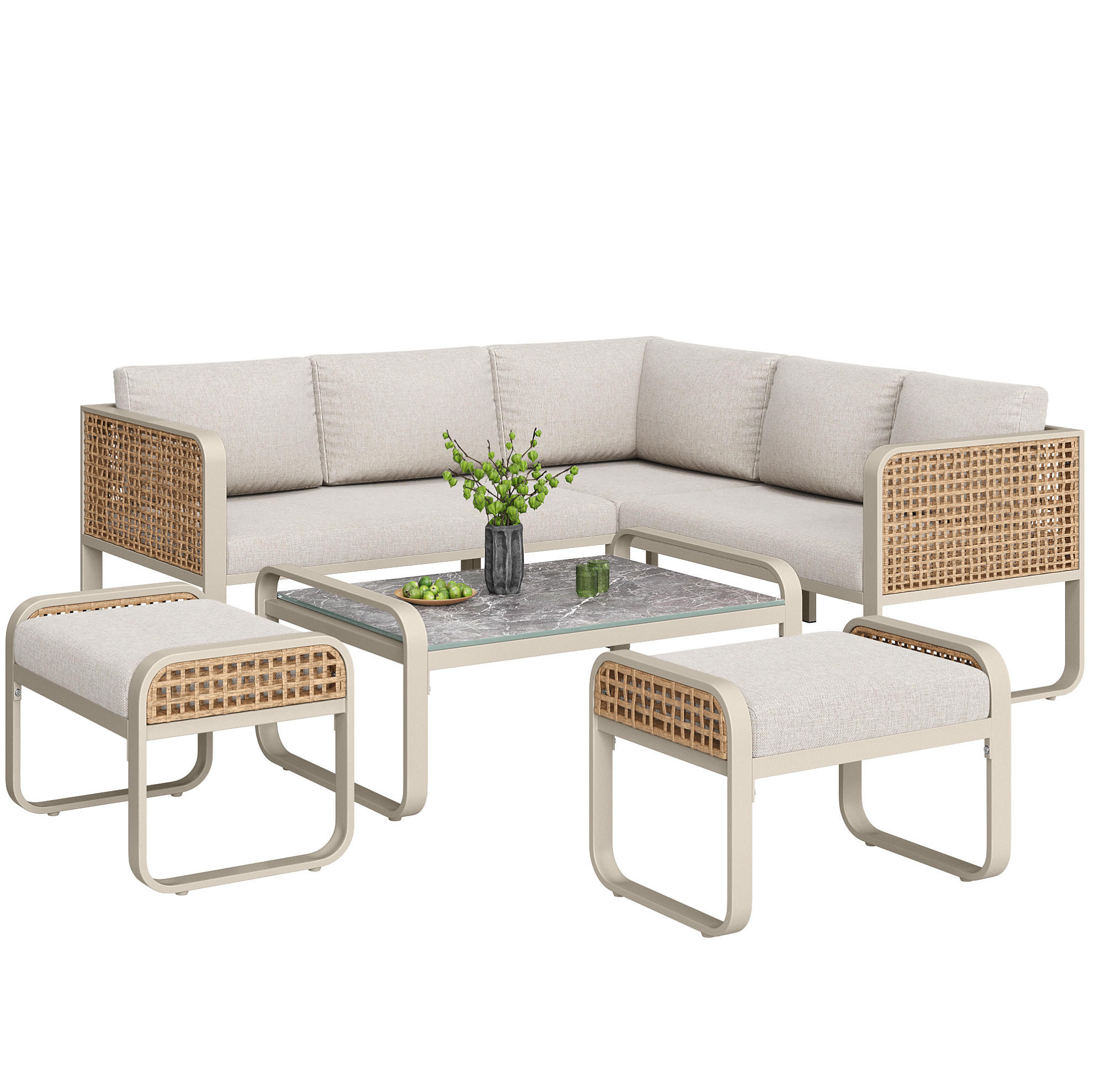 LOUNGEGARNITUR 120/61/69 cm beige aus Metall und Rattan mit Kissen - Beige, Metall - OKWISH