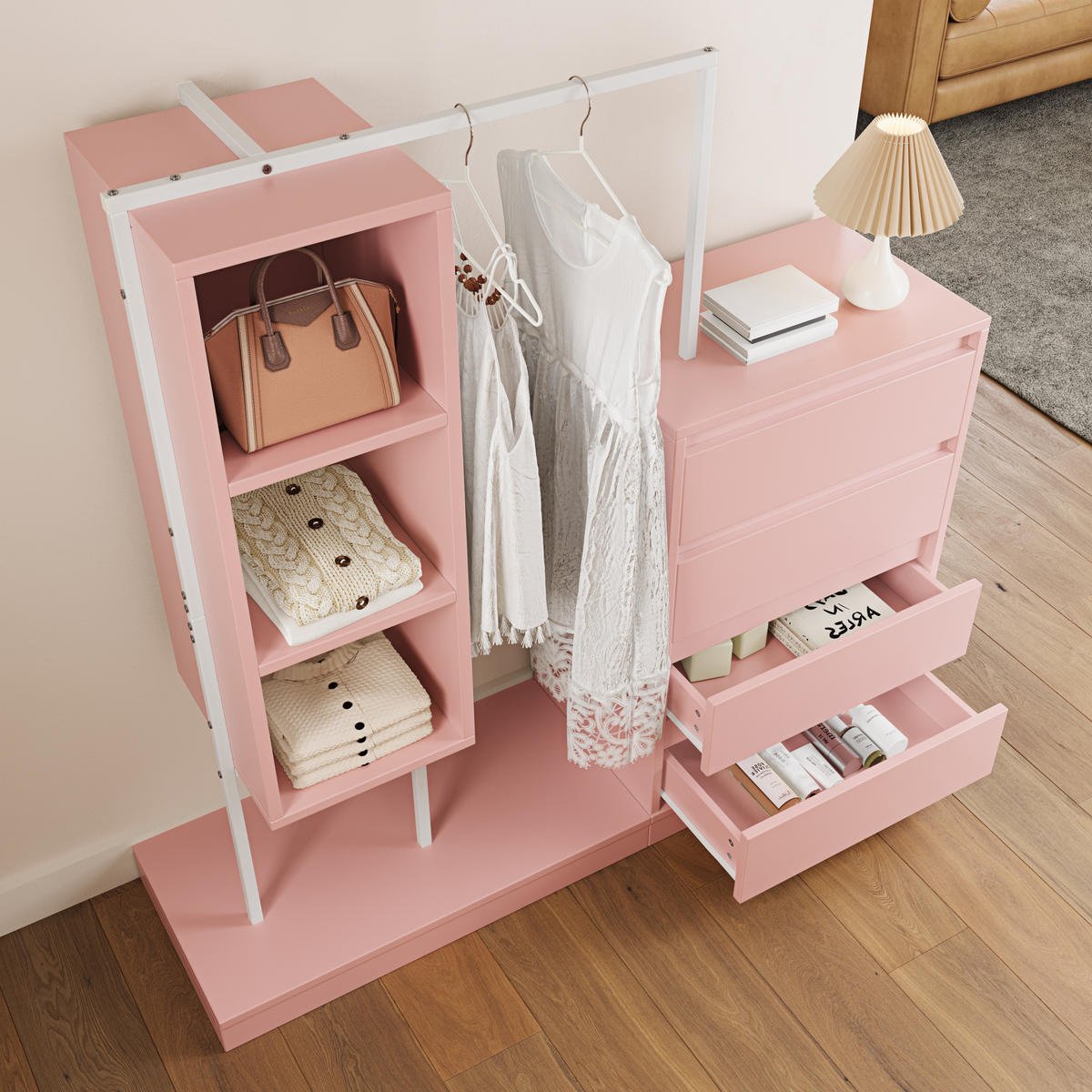 GARDEROBEN-SET in Rosa mit Kleiderstange und Schubladen für Schlafzimmer und Flur, B140/T40/H135 cm - Rosa, Holzwerkstoff/Metall (140/127.5/40cm) - STILVORA