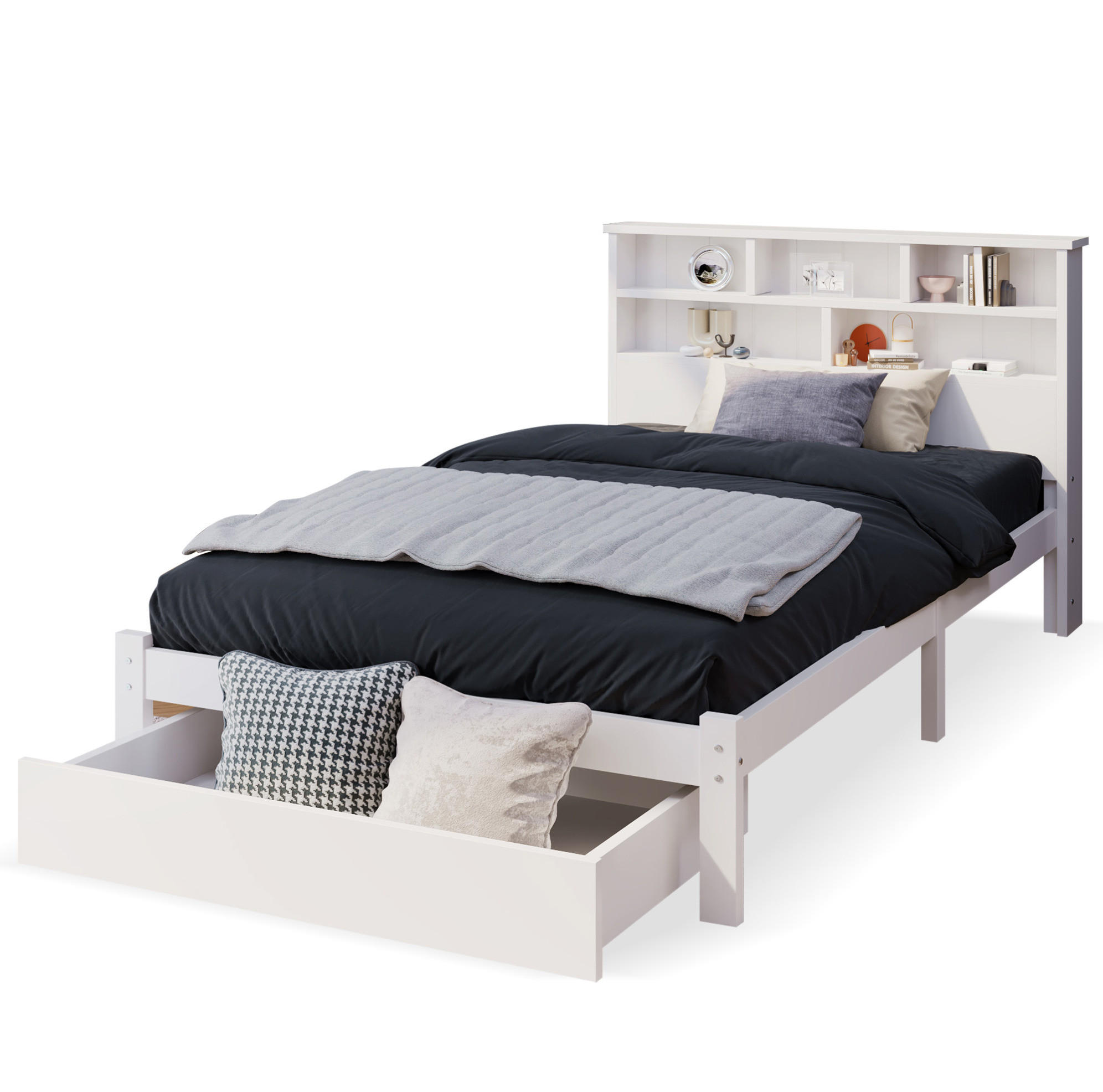 EINZELBETT aus Kiefer-Massivholz 90x200 cm Weiß mit Schubladen und Bücherregal-Kopfteil - Weiß, Holz (90/200cm) - IVMEU