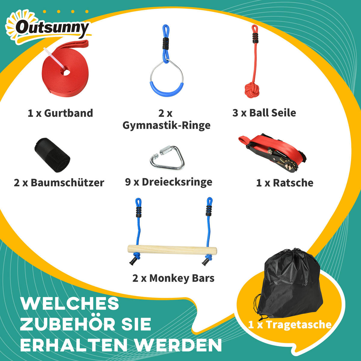 SLACKLINE-SET 30 Teilig Ninja, 10 m Seil mit Hindernissen, Klettergerüst - Blau, Kunststoff (40/1000cm) - Outsunny