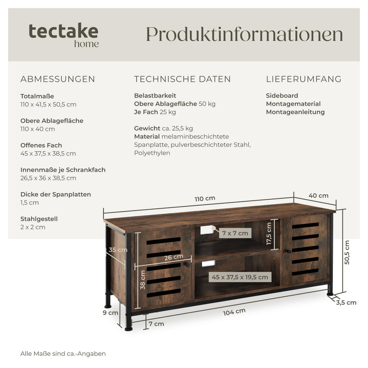 TV-BOARD Carlow,110 x 41,5 x 50,5 cm,Industrial Holz dunkel, rustikal - Rostfarben, Holzwerkstoff (41.5/50.5/110cm) - tectake