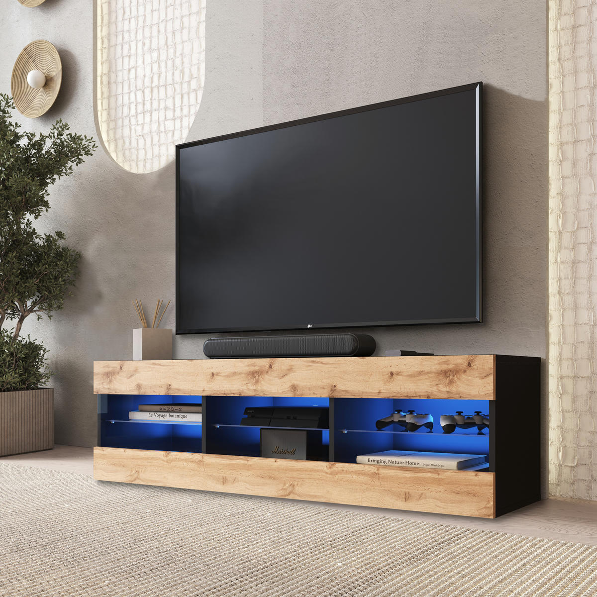 LOWBOARD TIVOLI RTV 140, Wotan, LED Blau - Eiche Wotan/Schwarz, Glas/Holzwerkstoff (140/40.5/35.5cm) - Komodee