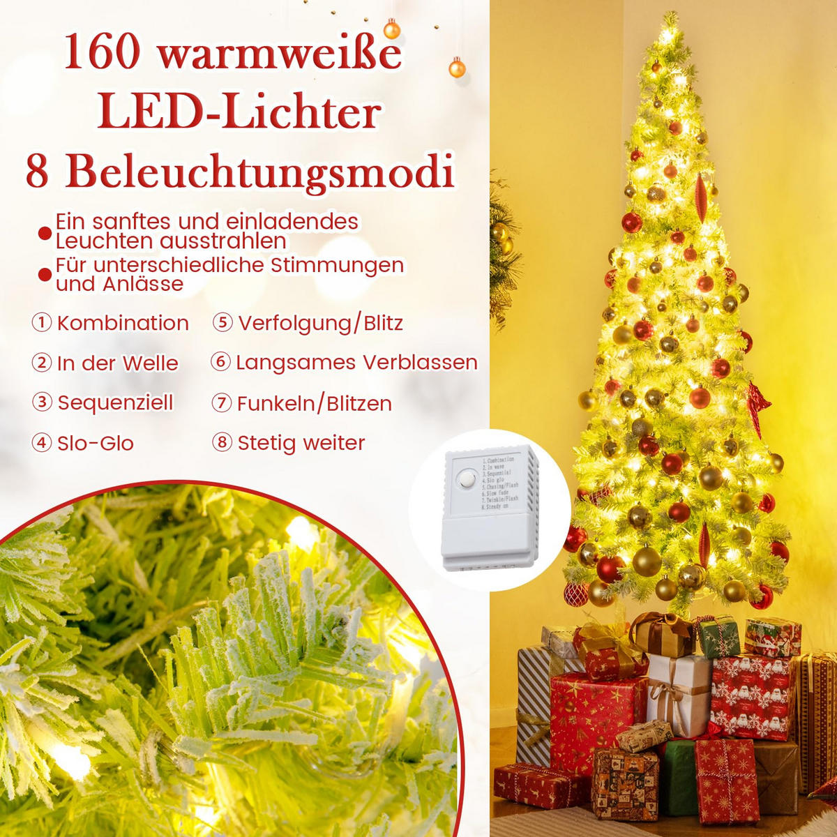 WEIHNACHTSBAUM mit 8 Lichtmodi Beleuchtung und Schnee biegbarer Spitze 210 cm grün - Grün, Metall (210cm) - COSTWAY