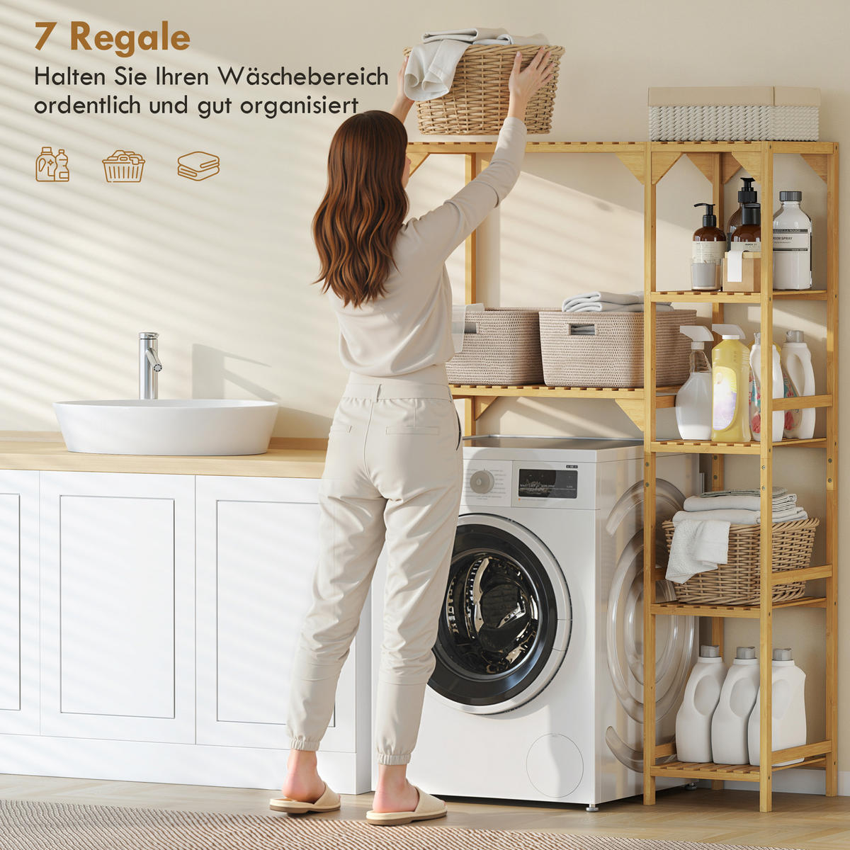 WASCHMASCHINENREGAL DE-10497 7 Ablagen, verstellbar Bambus - Naturfarben, Naturmaterialien (40/157/100cm) - ComfortXL