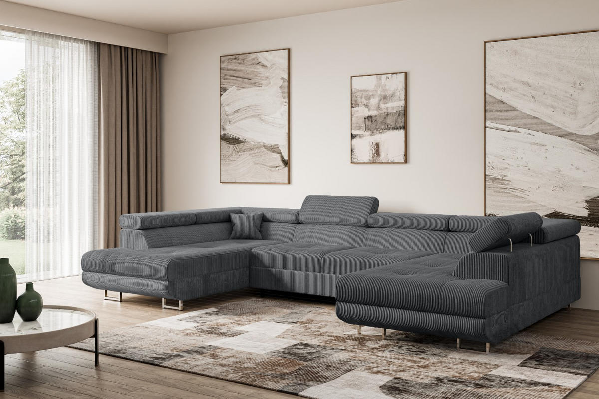 WOHNLANDSCHAFT mit Schlaffunktion und Bettkasten GUSA-U 342x202x107 cm Duneklgrau Cord - Dunkelgrau/Silberfarben, Holzwerkstoff/Textil (342/107/202cm) - ALTDECOR