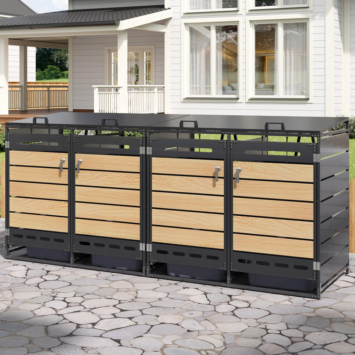MÜLLTONNENBOX 4er Set Hydraulik Deckel Holzoptik horizontal Schloss - Schwarz, Metall (262/116/79cm) - LEBENLANG