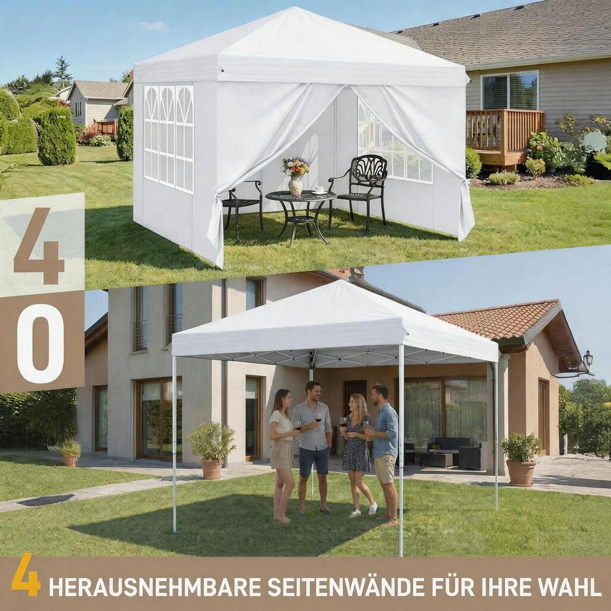 FALTPAVILLON 3 x 3 m weiß mit 4 Seitenteilen, Pop-Up One-Touch - Weiß, Textil (300/255/300cm)