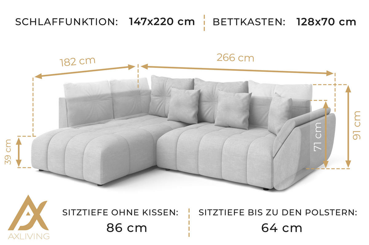 ECKSOFA L Form Corleone Weiß 266/182/91 cm mit Schlaffunktion - Schwarz/Weiß, Kunststoff/Textil (266/182cm) - AX Living