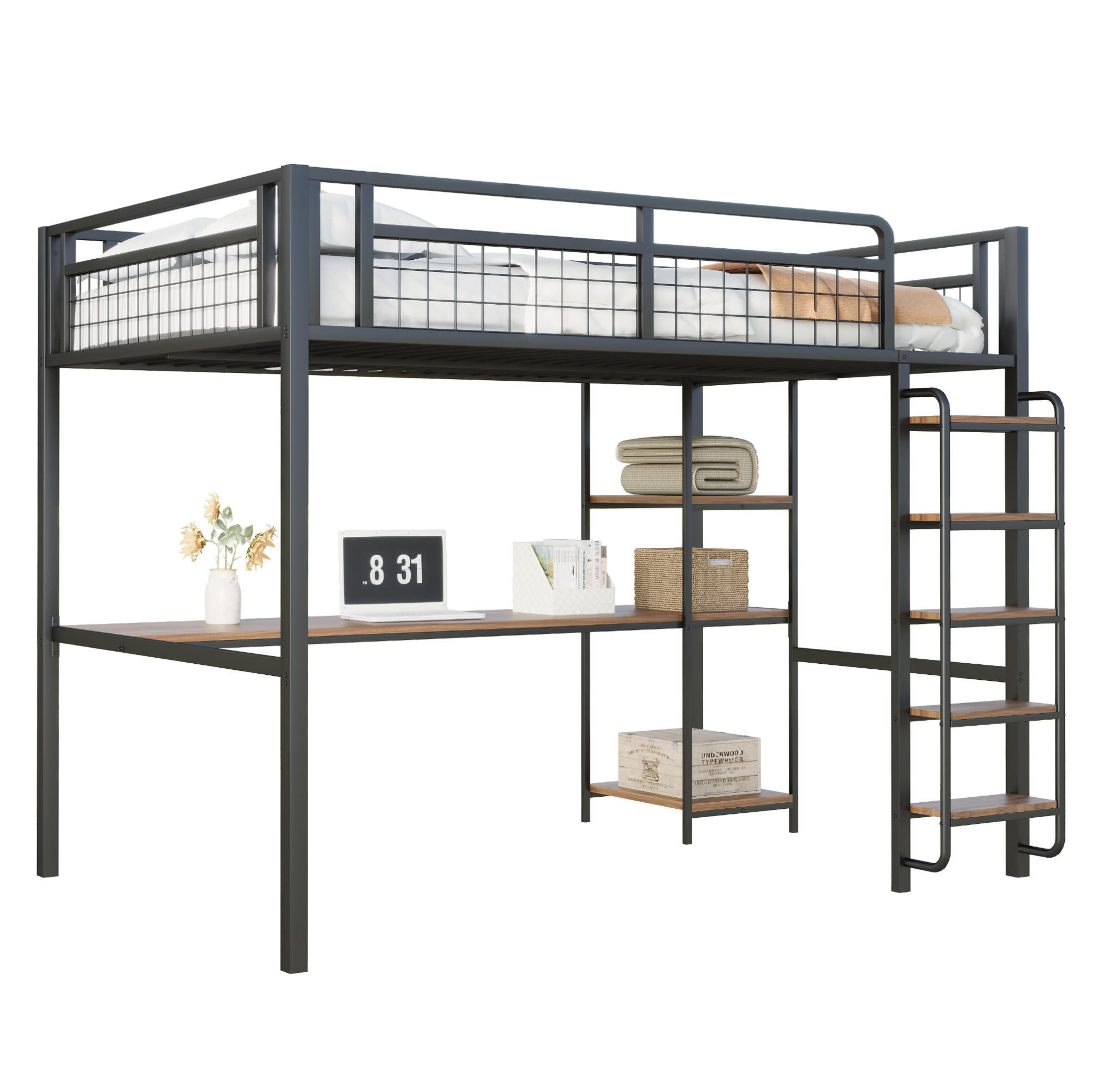 HOCHBETT 140/200 cm Schwarz aus Metall mit Schreibtisch und Regal - Schwarz, Metall (140/200cm) - OKMYHOME