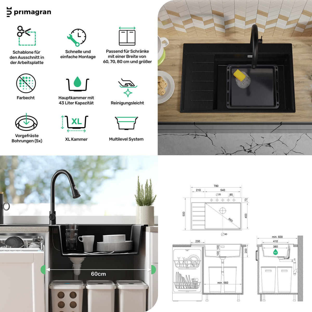 GRANITSPÜLE Sydney, 2-er set Weiß 78/50 cm 1 Becken + Küchenarmatur 32/20 cm + Ablauf-Set + Küchenzubehörset ab 60er Unterschrank - Chromfarben/Beige, Kunststoff (78/20/50cm) - Primagran