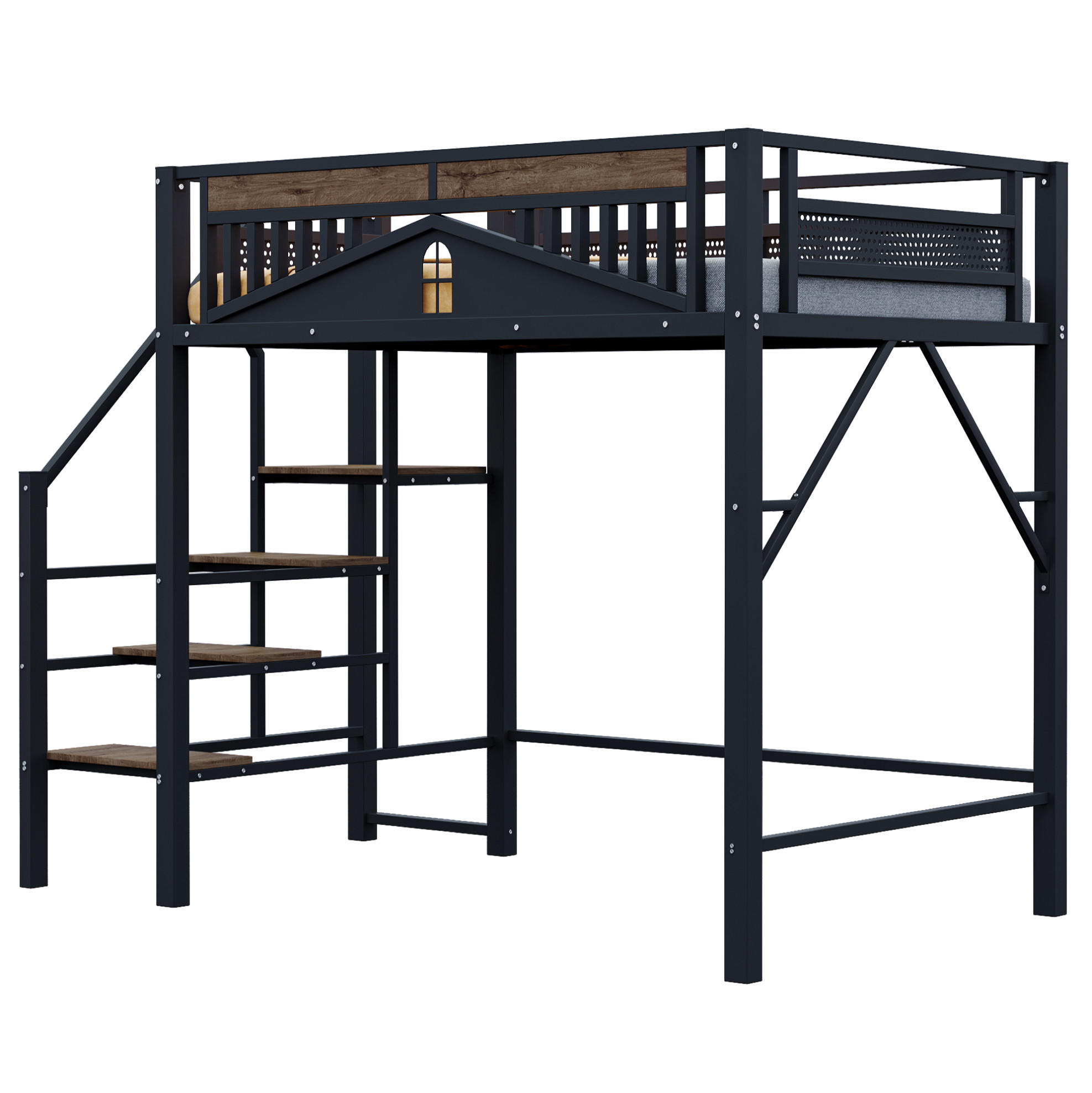 HOCHBETT 140/200 cm aus Metall mit Sicherheitsleiter, Schwarz - Schwarz, Metall (140/200cm) - OKMYHOME