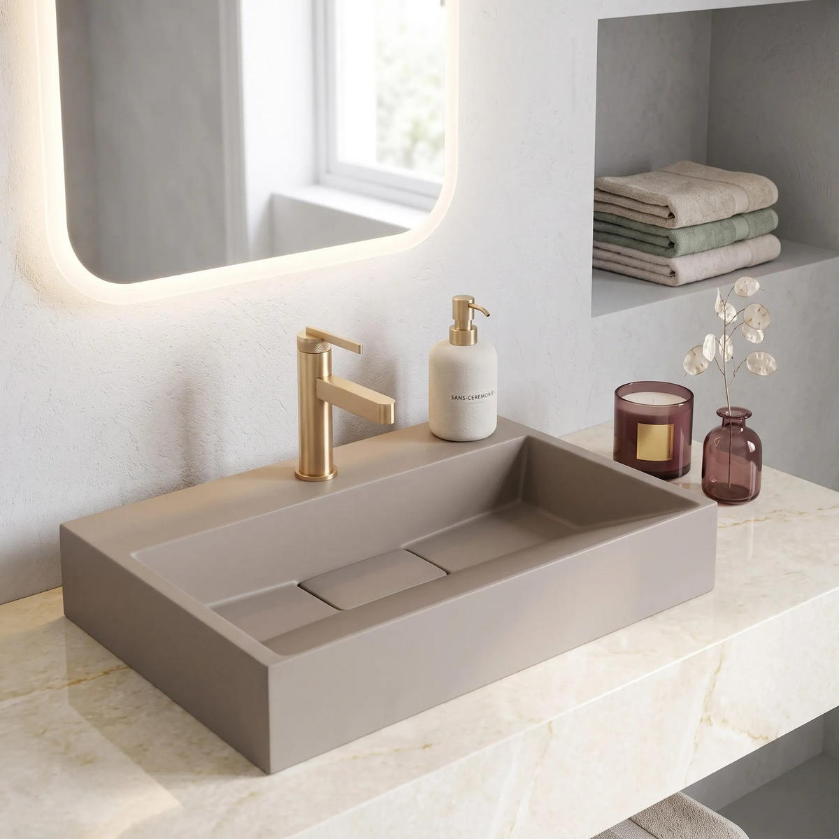 WASCHBECKEN Konglomerat Rea Goya Taupe 60cm - Beige, Keramik (37/14/60cm) - REA