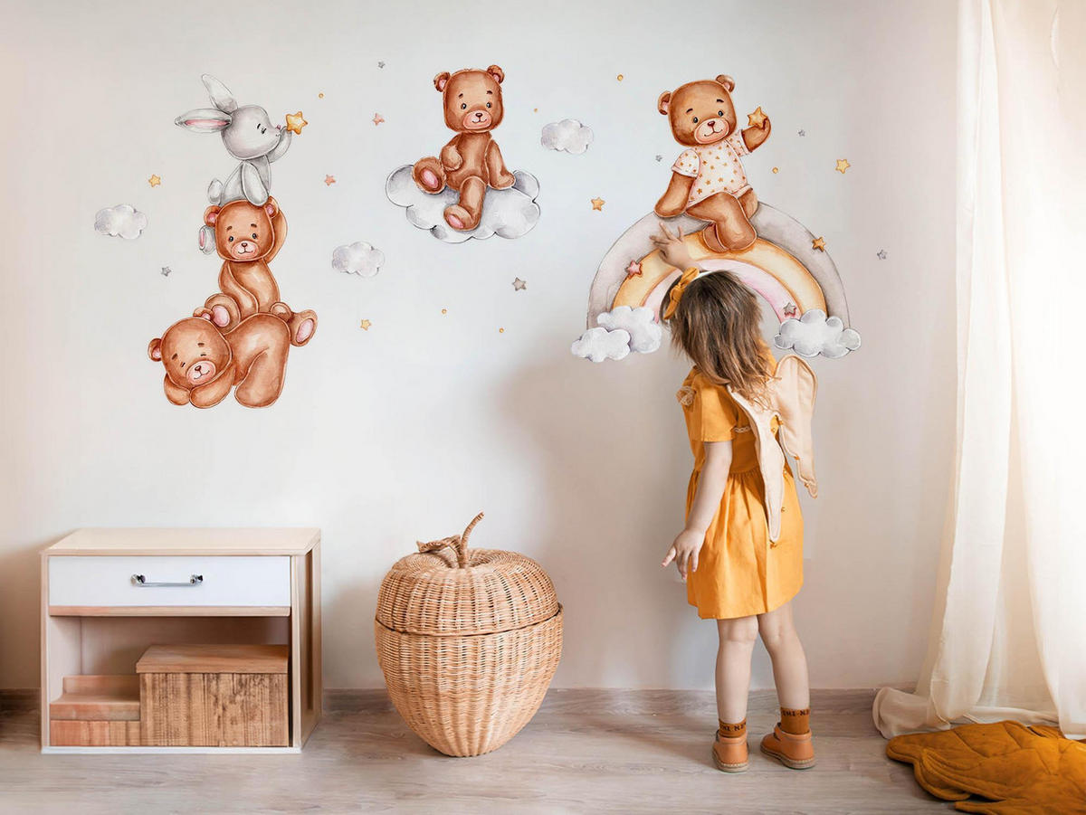 WANDAUFKLEBER 130x188cm - Teddybären und ein Kaninchen auf einem Regenbogen - Multicolor, Kunststoff (130/188/0.1cm) - Wallfluent
