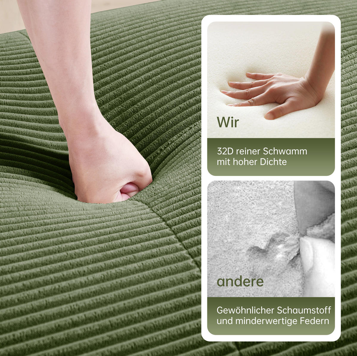 SOFA in Grün aus Cord, modular, rahmenlos und montagefrei - Grün, Textil (178/70/208cm) - Flora Grace