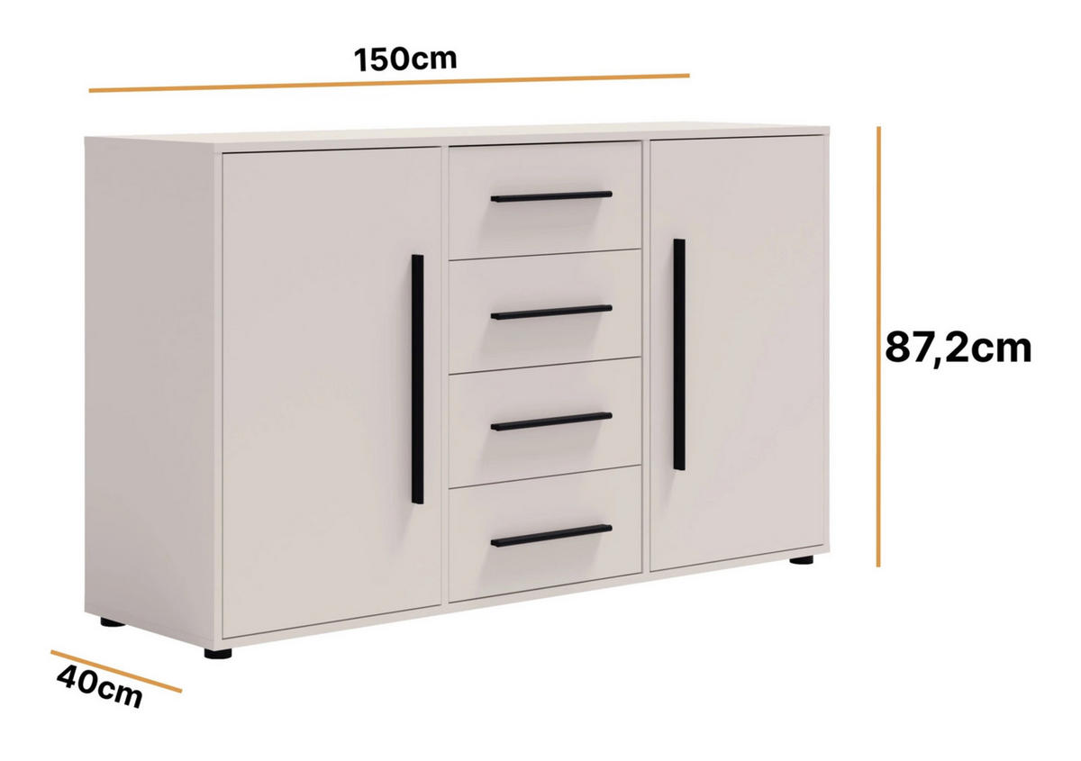 KOMMODE Modena K2D4SZ 150 cm in Kaschmirfarbe mit Türen und Schubladen - Kaschmir/Schwarz, Holzwerkstoff/Kunststoff (150/87/40cm)