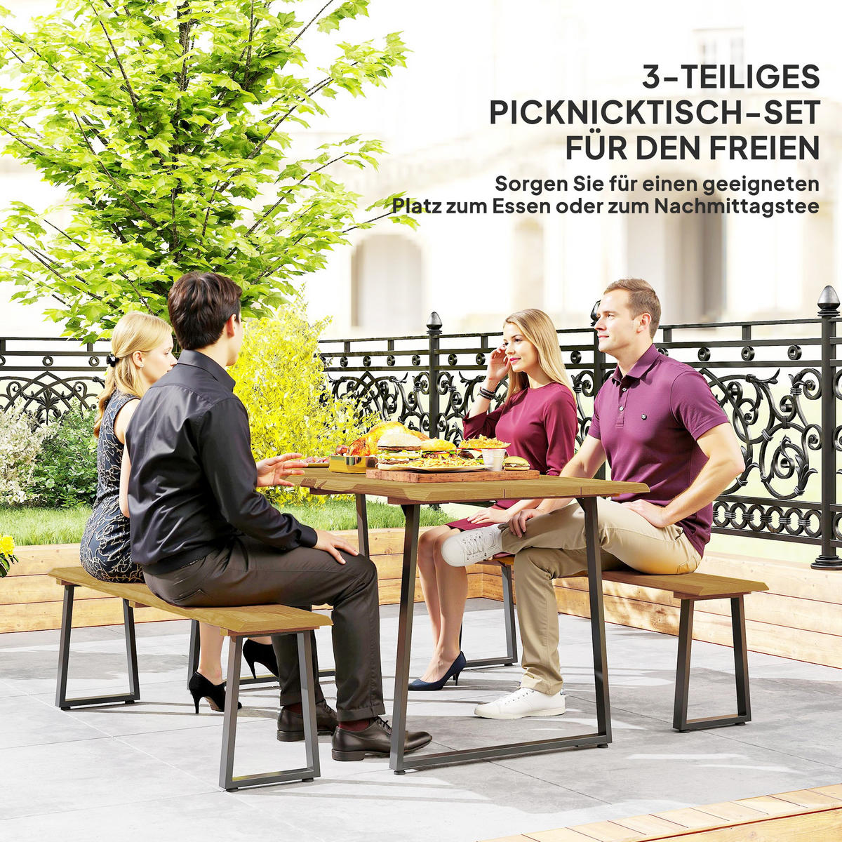 SITZGRUPPE 3-teilig Holz Essgruppe für 6 Personen Esstisch mit Bänke Schirmloch - Schwarz/Naturfarben, Holz/Metall - Outsunny