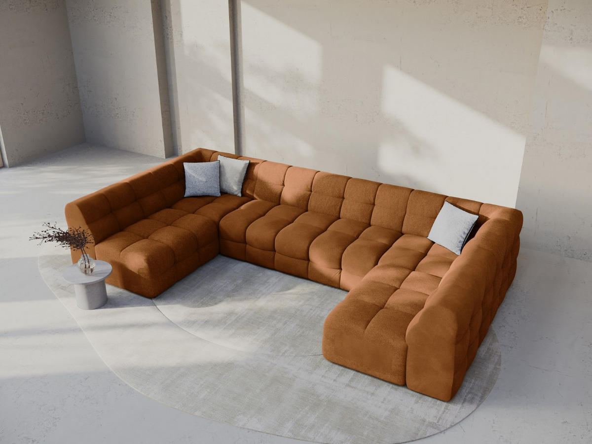 PANORAMASOFA Kendal aus Samt kamel 7 Sitzplätze - Hellbraun, Textil (203/79/372cm) - Micadoni