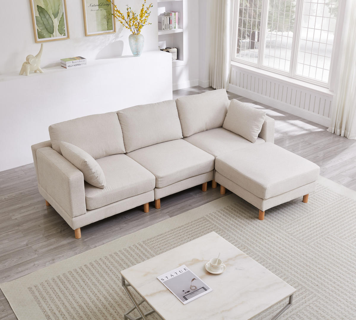 ECKSOFA 235/152/78 cm 3-Sitzer mit Hocker Beige aus Polyester mit links oder rechts montierbarer Chaiselongue - Beige, Kunststoff (152/235cm) - OKMYHOME