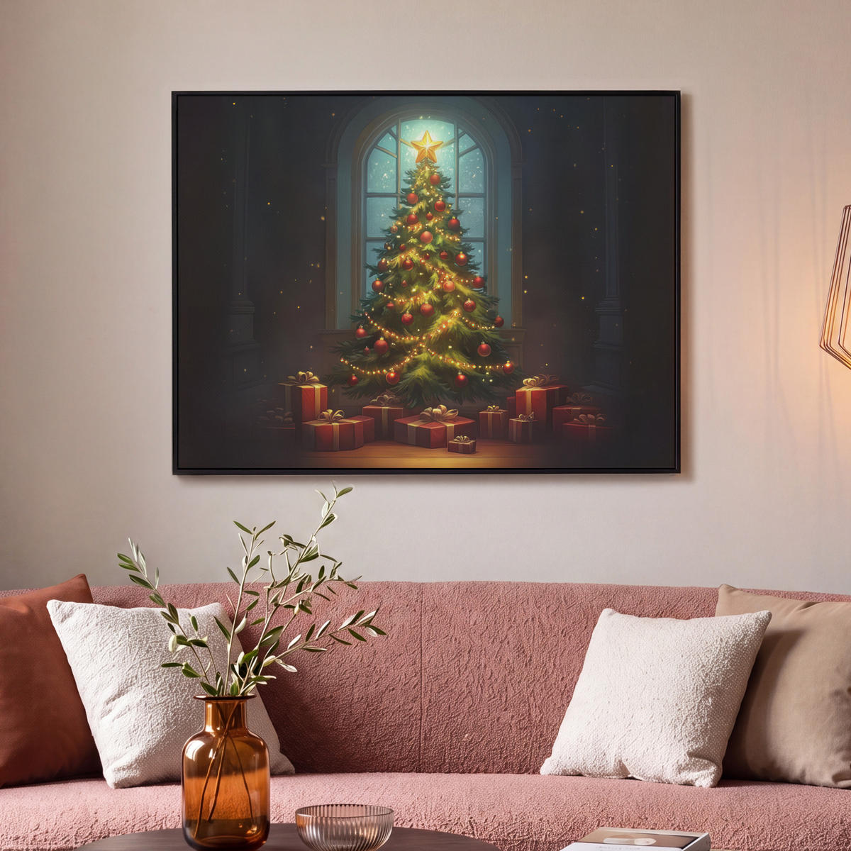 LEINWAND Bilder mit Rahmen - Weihnachtsbaum - Geschenk - Winter - 100x70 - Grün, Textil (100/70cm) - MuchoWow