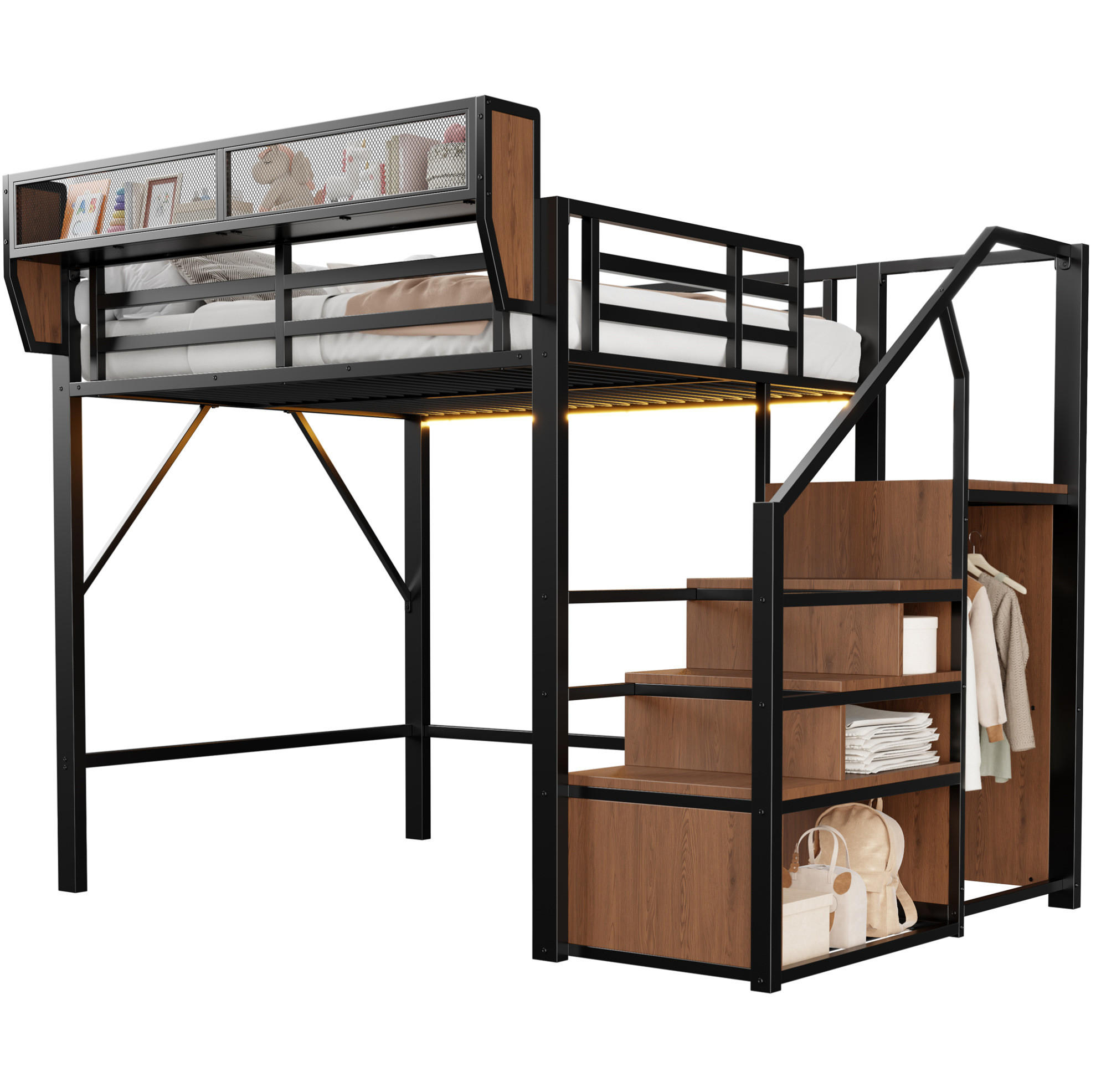 HOCHBETT 140/200 cm Schwarz mit LED und Sicherheitsleiter ohne Matratze - Schwarz, Metall (140/200cm) - MIVRAY