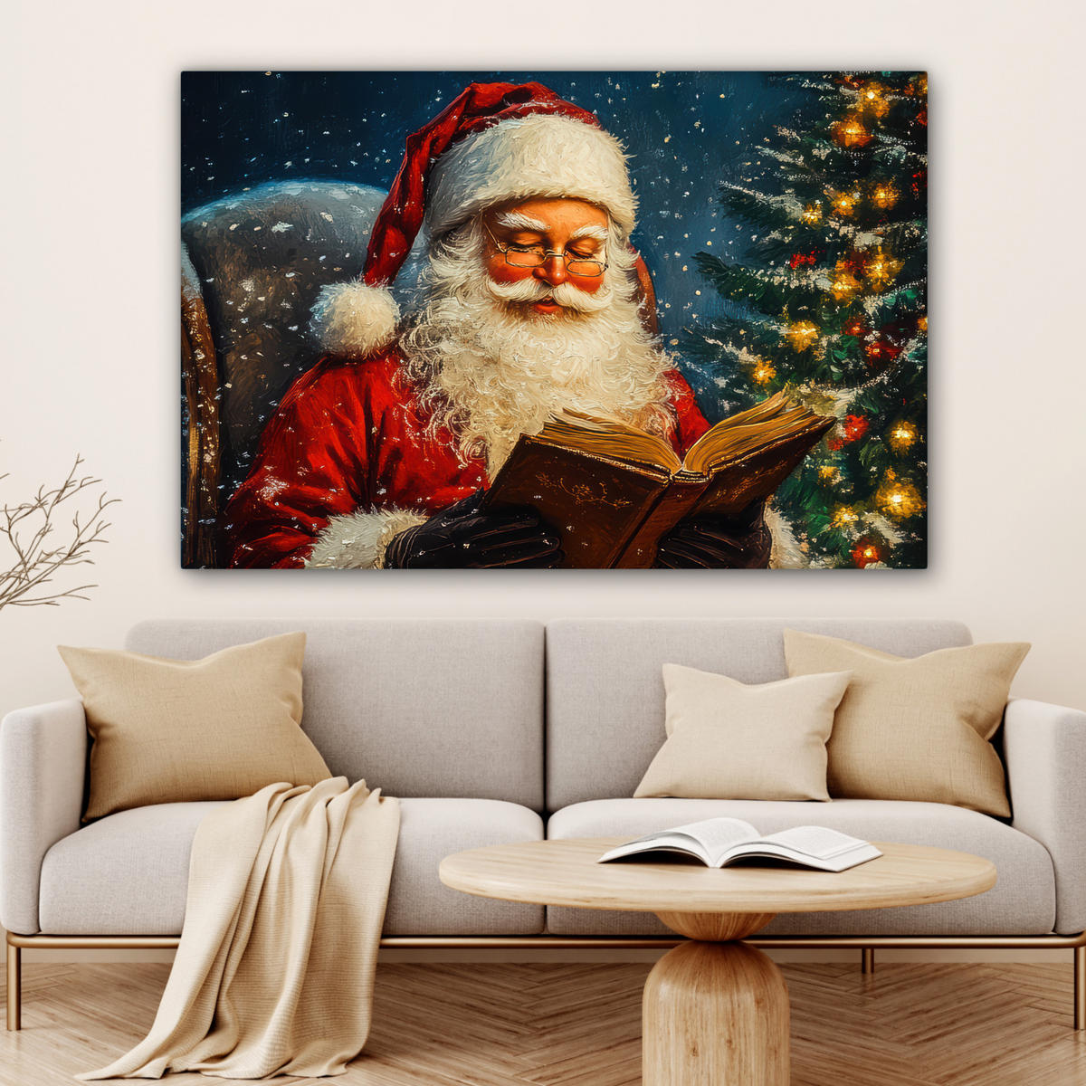 LEINWANDBILD Weihnachtsmann - Weihnachten - Winter - Weihnachtsbaum XXL 150x100 cm - Bordeaux, Textil (150/100cm) - MuchoWow