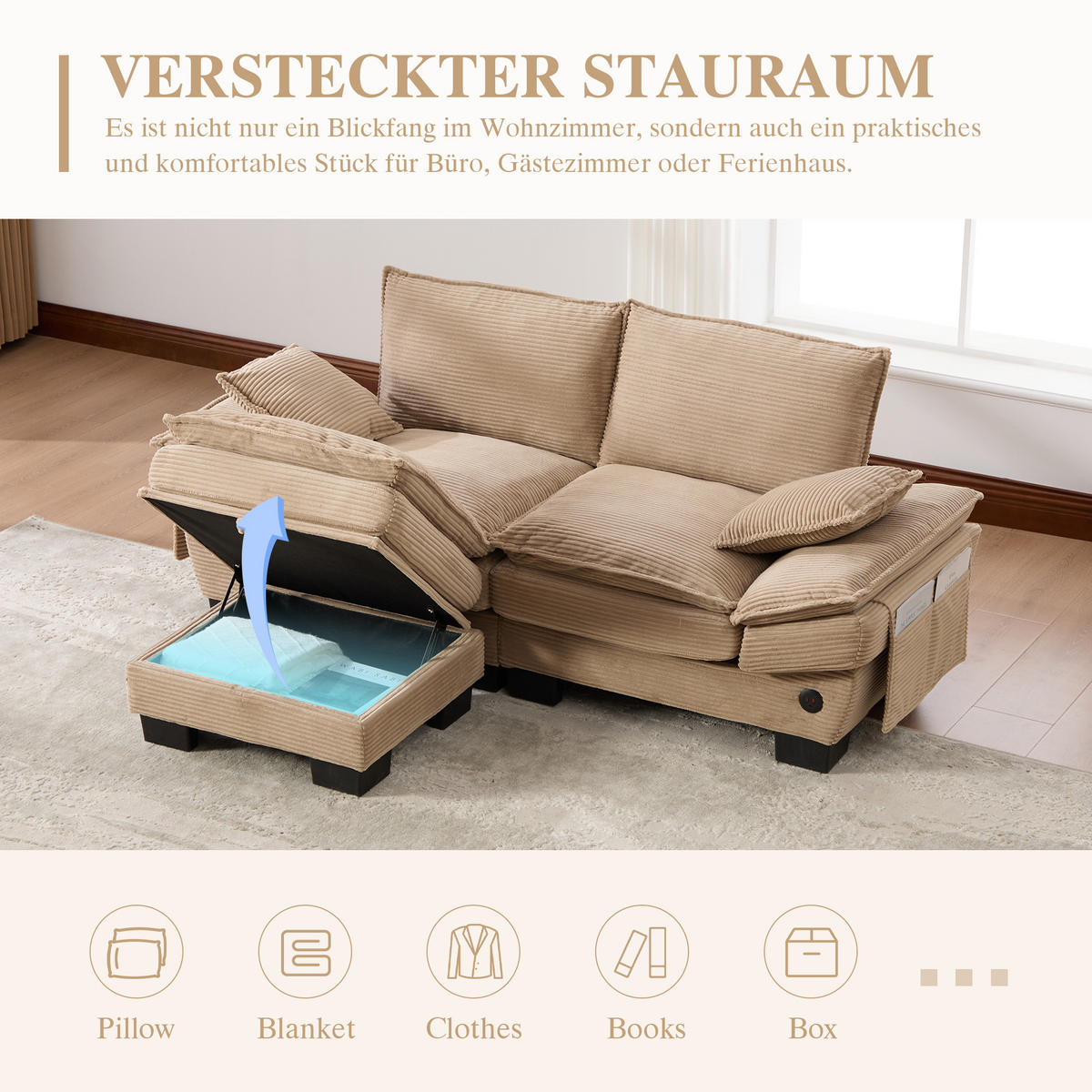 2-SITZER SOFA Cord Khaki mit Hocker, USB-C und Seitentaschen - Hellbraun, Holzwerkstoff/Kunststoff (190/132cm) - WISHDOR