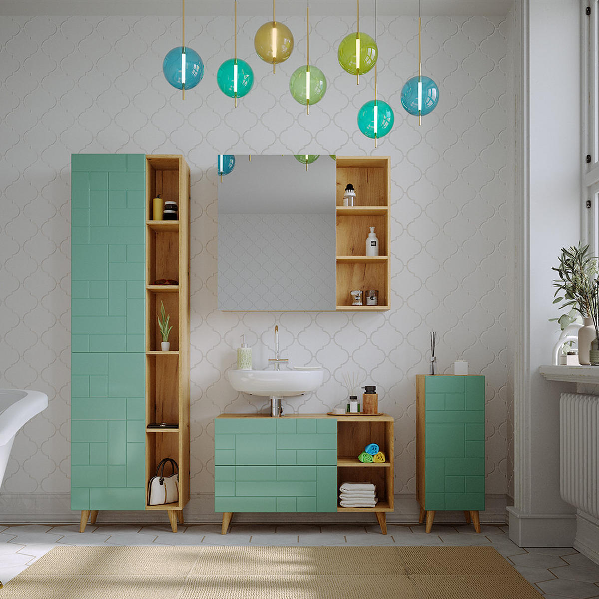 BADMÖBEL-SET Rudi Mintgrün 4 Teile, mit Hochschrank - Eichefarben/Mintgrün, Holzwerkstoff (90/59/32cm) - Vicco