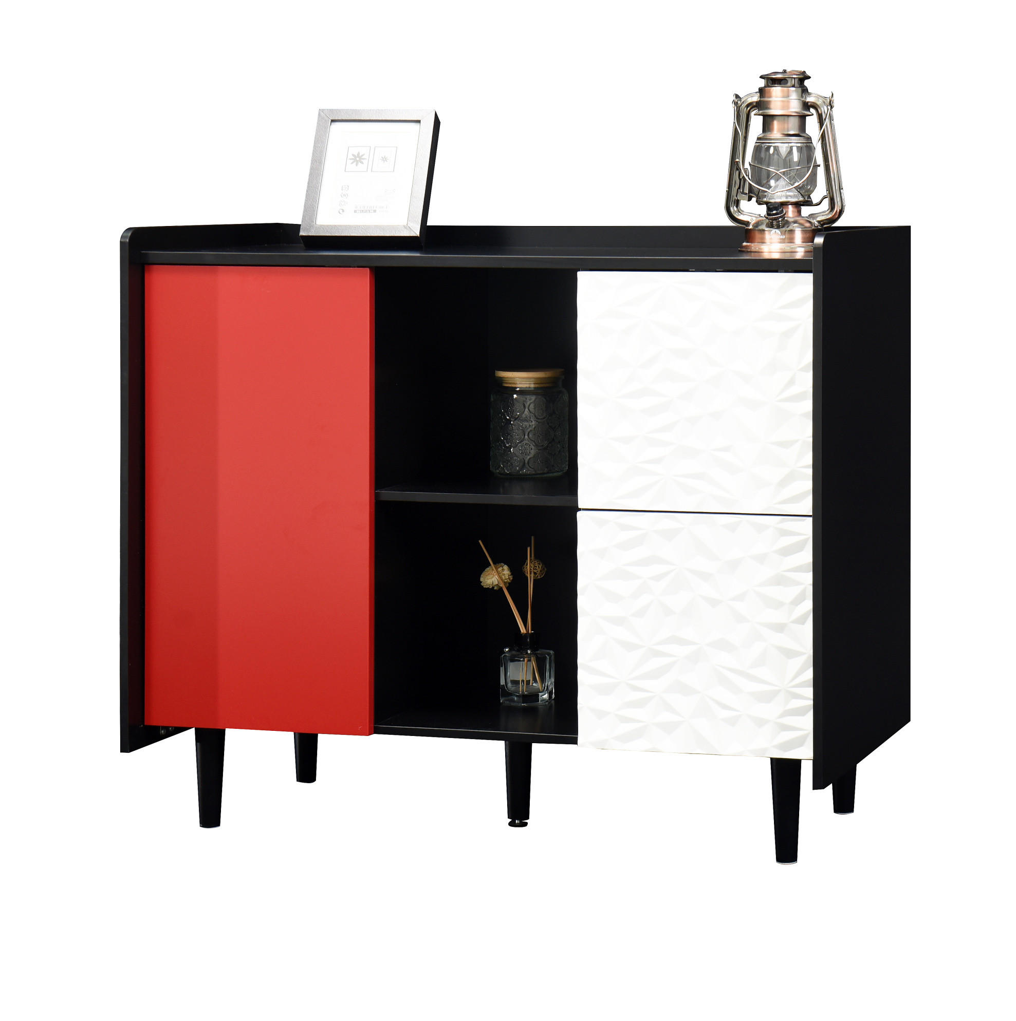 SIDEBOARD aus MDF 40x90x80 cm Schwarz/Rot mit 2 Schubladen, offenem Fach und Schranktür in modernem Design - Rot, Holzwerkstoff (90/80/40cm) - Modfu